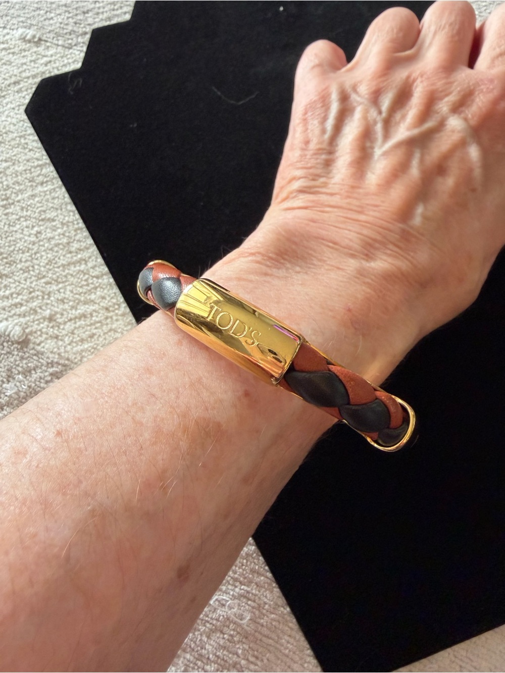 TOD'S Gold, Black & Brown Braided Leather Bracelet
